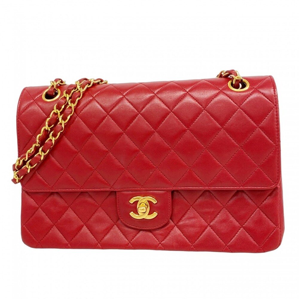 Chanel Matelassé Shoulder Bag, Double Flap, Chain, Lambskin, Red, Women's